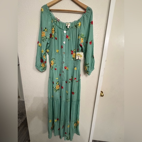 Anthropologie Fig and Flower Aqua Floral Embroidered Maxi Dress Button Front - Picture 2 of 12